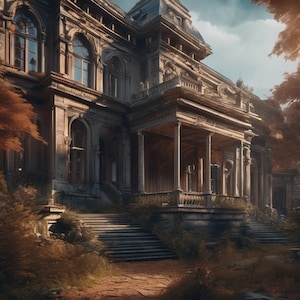May include: A large, abandoned, grey stone building with a porch and a set of steps leading up to it. The building is overgrown with plants and vines. The building is surrounded by trees and foliage.