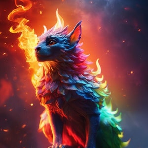 Könnte beinhalten: Ein farbenfrohes, pelziges Wesen mit einer feurigen Mähne sitzt auf einer felsigen Oberfläche. Das Wesen hat einen blauen Körper mit regenbogenfarbenem Fell und einen langen, spitzen Schwanz. Die Augen des Wesens sind leuchtend gelb und es hat eine kleine, spitze Nase.