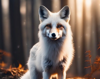 May include: A white fox with orange eyes stands in a forest setting. The fox has a bushy tail and is looking directly at the camera.