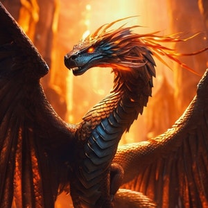 Könnte beinhalten: Detaillierte Illustration eines Drachen mit langem Hals und ausgebreiteten Flügeln. Die Schuppen des Drachen sind eine Mischung aus Braun, Gold und Blau, mit feurigen orangefarbenen Akzenten auf Kopf und Flügeln. Der Hintergrund ist ein warmes, verschwommenes Orange.