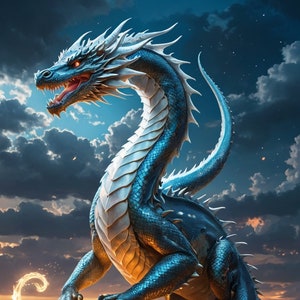 Può includere: Un drago blu e argento con fuoco arancione incandescente che emana dalla sua coda, appollaiato su uno sperone roccioso contro un cielo nuvoloso drammatico.