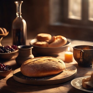 May include: A rustic wooden table setting with a round loaf of bread on a wooden cutting board, a bowl of grapes, a glass bottle, a ceramic pitcher, a candle, and a metal bowl.
