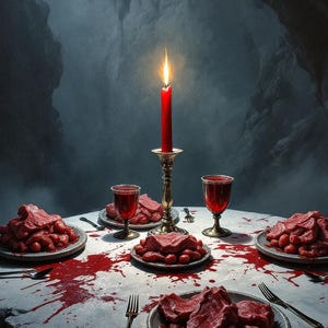 May include: A dark, cave-like setting with a table laid for a meal. The table is covered in a white tablecloth with red blood splatters. There are four plates with red meat on them, two wine glasses, and a lit candle in a candlestick.