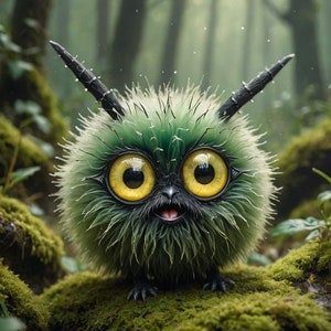May include: A green, furry creature with large yellow eyes and black horns. The creature is smiling and has a pink tongue sticking out. It is sitting on a bed of moss in a forest.