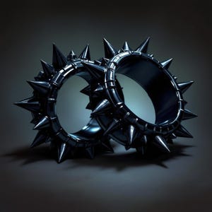 May include: Two dark metallic bracelets with sharp, conical spikes. The bracelets are circular with a polished, reflective surface, and the spikes are evenly spaced around the outer edge. The background is a gradient of dark gray.