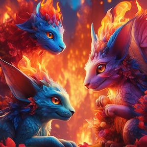 May include: Three blue and purple fantasy creatures with fire on their heads, set against a background of fire and red flowers.