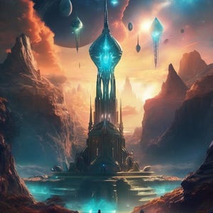 May include: A tall, dark, and intricate tower with a glowing blue orb at the top, set against a dramatic landscape of mountains and a swirling sky with stars and planets.