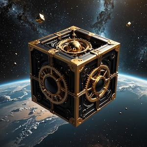 May include: A black and gold steampunk-style cube with intricate gears and a golden sphere in the center, floating in space above a blue and green planet.