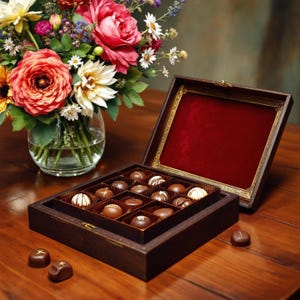 Puede incluir: Una caja de bombones de madera con tapa abierta que revela un interior de terciopelo rojo y una bandeja de bombones variados. Varios bombones están esparcidos sobre la superficie de madera. Un ramo de flores coloridas en un jarrón de cristal está en el fondo.