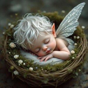 May include: A sleeping baby fairy with silver wings and white hair rests in a woven nest lined with moss and small white flowers. The baby has rosy cheeks and is nestled on a soft, gray blanket.
