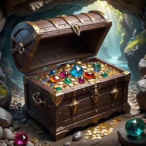 May include: A wooden treasure chest overflowing with gold coins and colorful gemstones. The chest is open and sitting on a rocky surface.