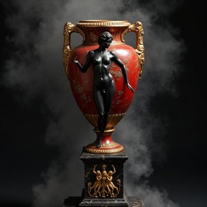 Puede incluir: Un gran jarrón rojo adornado con detalles dorados y una estatua negra de una figura desnuda. El jarrón está sobre un pedestal de mármol negro con figuras doradas. El fondo es oscuro con un efecto ahumado.