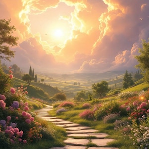 Könnte beinhalten: Ein malerisches Landschaftsgemälde zeigt einen Steinweg, der sich durch ein grünes Tal schlängelt. Rosa und weiße Blumen blühen entlang des Weges und führen zu sanften Hügeln unter einem hellen, goldenen Himmel voller flauschiger Wolken. Bäume säumen die Landschaft.