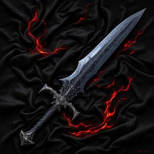 Può includere: Una spada fantasy dettagliata con un design ornato, appoggiata su un tessuto nero. La lama presenta incisioni intricate e l'elsa ha una guardia a croce con elementi decorativi. Strisce rosse, simili a fulmini, emanano dalla spada, creando un effetto drammatico.