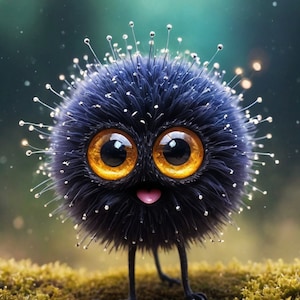 May include: A black, fuzzy creature with large, yellow eyes and a pink tongue sticking out. It has long, thin, black hairs all over its body and is standing on a mossy surface.