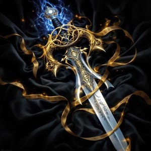 Può includere: Una spada ornata con una lama d'argento e un'elsa dorata, adornata con disegni intricati e un effetto di energia blu brillante. Nastri d'oro con testo sono drappeggiati attorno alla spada, su uno sfondo nero.