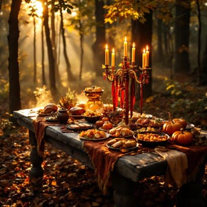 Può includere: Un tavolo di legno rustico in un bosco con un candelabro e un banchetto di cibo. Il tavolo è coperto da una tovaglia marrone ed è decorato con zucche e zucche. Il cibo comprende carni arrosto, verdure e pane.