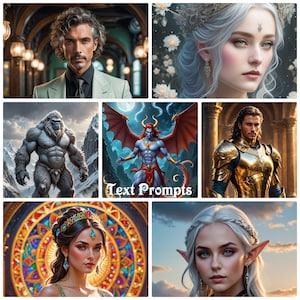 May include: A collage of images featuring different characters, including a man with curly hair, a woman with long white hair, a blue-skinned demon with red horns, a large gray ape, a man in gold armor, a woman with a crown, and a woman with elf ears.