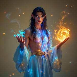 May include: A fantasy elf with pointed ears, long dark hair, and a bare chest, wearing a flowing white robe with a gold belt, holds a blue orb of energy in one hand and a swirling orange orb of fire in the other.
