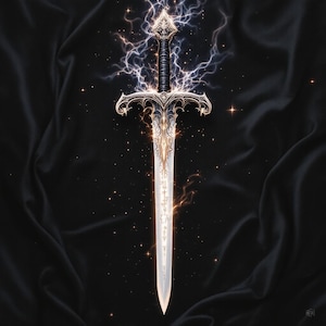 Può includere: Illustrazione dettagliata di una spada fantasy con una lama argentata e un'elsa dorata ornata. La spada è circondata da fulmini luminosi e si staglia su uno sfondo scuro e strutturato con stelle sparse.