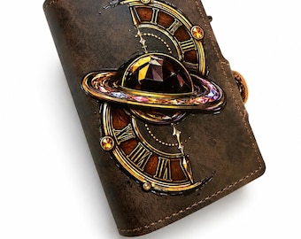 Prismatic Celestial Saturn Wallet, Cosmic Clock RFID Card Holder, Brown Leatherette Minimalist Wallet, Space Gift for Men, Astronomy Wallet