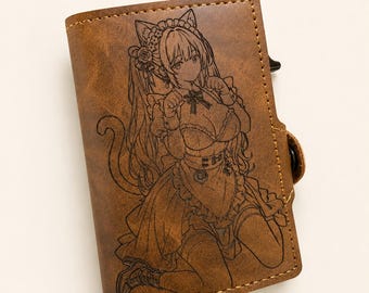 Engraved Anime Cat Girl Maid Wallet, Cat Maid PU Leather Card Holder, RFID Minimalist Wallet, Gift for Anime Fans, Three Colors
