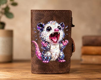 Joli portefeuille prismatique opossum, portefeuille en cuir personnalisé, portefeuille rigolote opossum, portefeuille gravé personnalisé, porte-cartes avec protection RFID