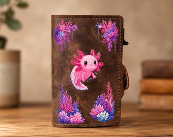 Portefeuille Pixel Art Axolotl, Porte-cartes RFID Axolotl rose mignon, Portefeuille minimaliste Kawaii inspiré des animaux aquatiques, Cadeau inspiré des coraux pour les amoureux des axolotls