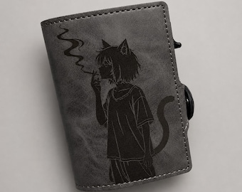 Anime Inspired Cat Girl Wallet, Engraved Smoking Cat PU Leather Wallet, Otaku Minimalist Card Holder, Alternative Anime Gift