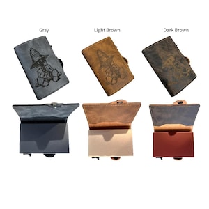 May include: Wallets in grey, light brown, and dark brown, each with a character illustration. The image shows the wallets closed and open, displaying the cardholder. Text labels read "Gray", "Light Brown", and "Dark Brown".