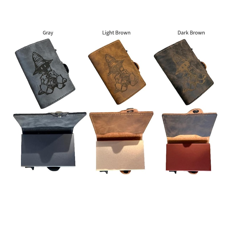 May include: Wallets in grey, light brown, and dark brown, each with a character illustration. The image shows the wallets closed and open, displaying the cardholder. Text labels read "Gray", "Light Brown", and "Dark Brown".