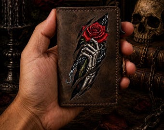 Portefeuille en cuir rose main squelette | Portefeuille gothique tête de mort | Portefeuille minimaliste RFID esthétique foncé | Cadeau d'horreur pour lui | Portefeuille rose gothique