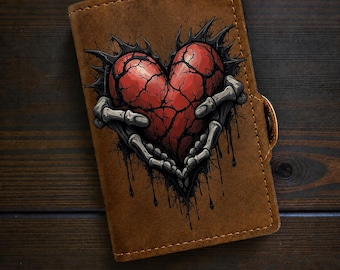 Portefeuille coeur gothique, portefeuille coeur squelette, portefeuille en cuir personnalisé, cadeau romance sombre, cadeau gothique de la Saint-Valentin