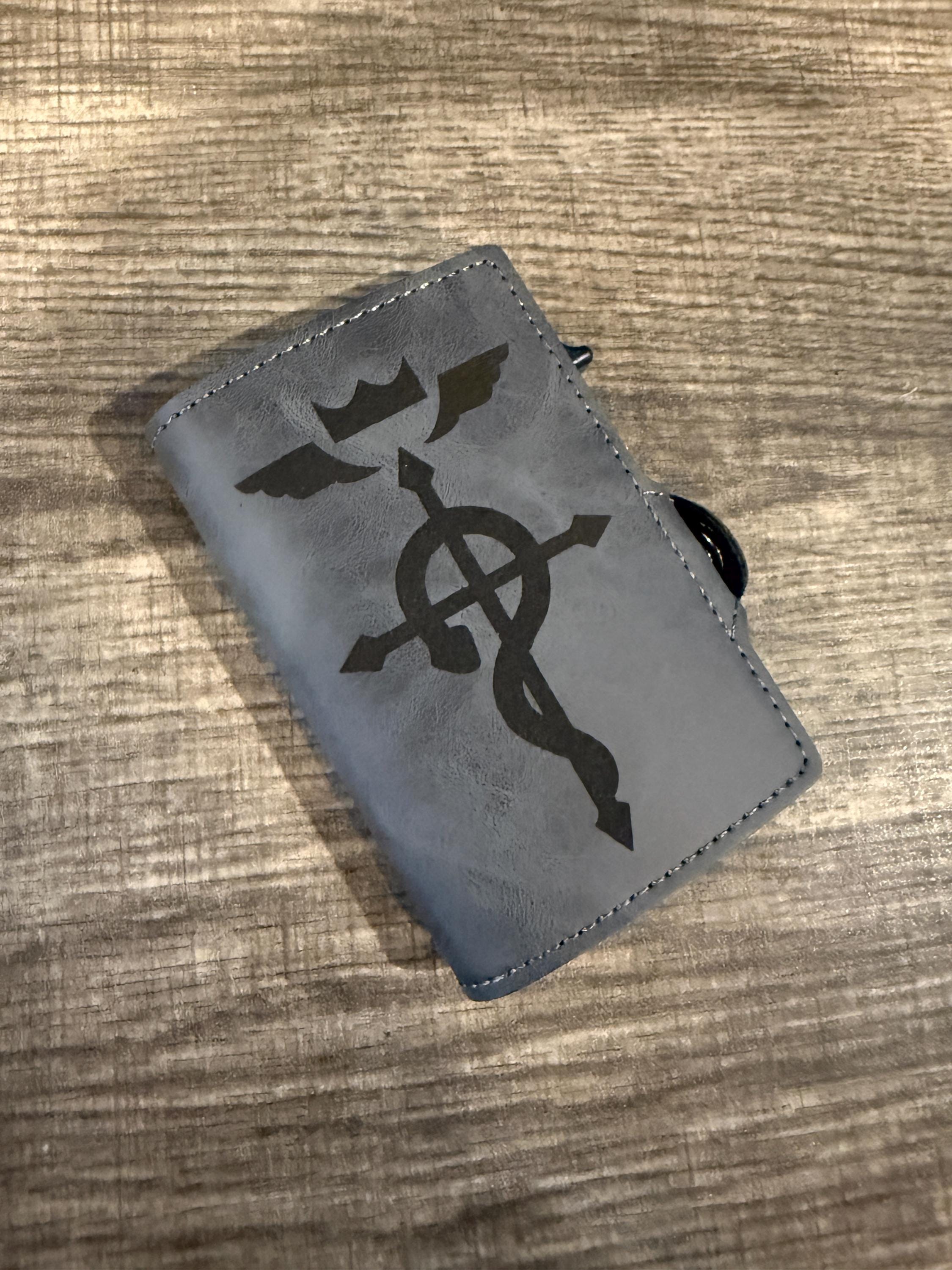 Bifold Popup PU Leather Wallet RFID Blocking Laser Engraved Anime Metal Alchemist Flamel