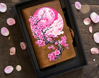 Portefeuille pop-up en cuir PU lunaire Sakura Blossom Tree, inspiré de l'esthétique d'un anime, porte-cartes bloquant la RFID