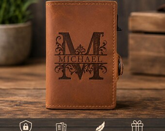 Personalized Leather Wallet, Custom Engraved Monogram, RFID Blocking Minimalist Wallet for Men, Father's Day Gift, Groomsmen Gift, Dad Gift