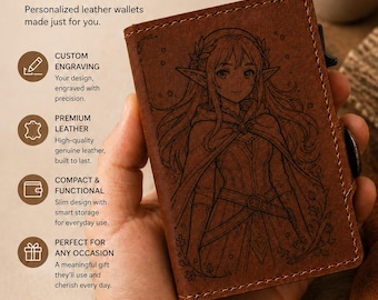 Portefeuille en cuir gravé personnalisé, Portefeuille oeuvre d'art personnalisé, Gravure d'anime personnalisée, Porte-cartes RFID, Cadeau pour lui