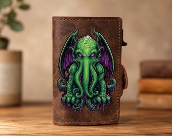Portefeuille Cthulhu, Portefeuille Eldritch Horritch, Portefeuille inspiré de Lovecraft, Portefeuille en cuir personnalisé, Porte-cartes avec blocage RFID