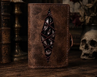 Portefeuille en cuir gothique horreur | minimaliste Creepy Eyes & Teeth | Cadeau gothique sombre pour lui | Porte-cartes fin avec blocage RFID | Halloween