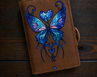 Portefeuille papillon bleu, portefeuille papillon personnalisé, portefeuille en cuir personnalisé, cadeau pour amoureux des papillons, portefeuille pour femme,