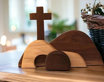 Oster-Krippe, hölzernes leeres Grab, natürliche christliche Hauptdekoration, Auferstehungsszene, religiöses christliches Dekor, religiöses Dekor.