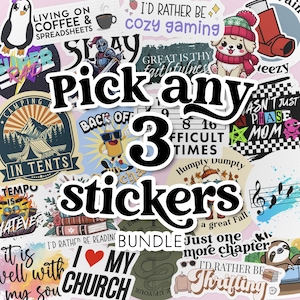 May include: A collection of colorful stickers featuring various designs, including a penguin, a camping scene, a musical note, a book stack, a church, and a phrase that says "I'd rather be thrifting". The stickers are arranged in a collage style and have a variety of fonts and colors.