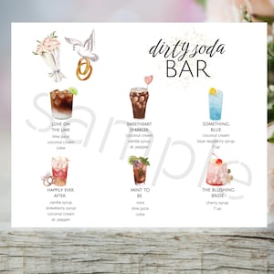 May include: A watercolor-style Dirty Soda Bar menu with six drink options. The menu features illustrations of cocktails with ingredients listed below each drink name. The drinks include Love on the Lime, Sweetheart Sparkler, Something Blue, Happily Ever After, Mint to Be, and The Blushing Bride.
