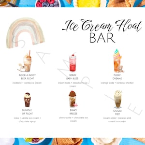 May include: A colorful menu for an Ice Cream Float Bar, featuring illustrations of various floats like the Rock-A-Root Beer Float and the Berry Baby Bliss. The menu includes a watercolor rainbow and is set against a blue background.