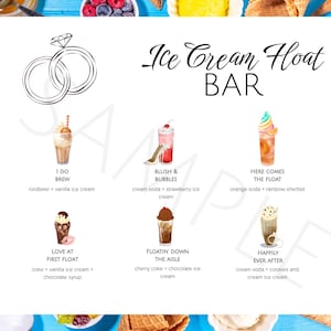 Peut inclure: Une affiche blanche avec le texte "Ice Cream Float Bar" et des illustrations de flottants de crème glacée. L'affiche comprend le texte "I Do Brew", "Blush & Bubbles", "Here Comes The Float", "Love At First Float", "Floatin' Down The Aisle", et "Happily Ever After".