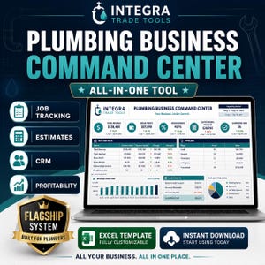 Può includere: Un computer portatile che mostra il Plumbing Business Command Center di Integra Trade Tools, un modello Excel all-in-one per il monitoraggio dei lavori, preventivi, CRM e redditività, con metriche finanziarie e grafici dei ricavi.
