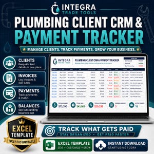 May include: A digital spreadsheet template for plumbing business management displayed on a laptop screen. The interface features columns for invoice numbers, dates, client names, job descriptions, amounts, and payment statuses with summary totals.