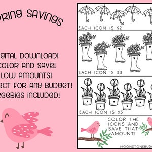 Spring Savings | Printable Savings Challenge | Color And Save | Low Amount Savings