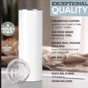 May include: A white insulated tumbler with a clear lid and straw. The tumbler is cylindrical with a silver rim. Text on the image states "Exceptional Quality" and highlights features like double-wall vacuum insulation and BPA-free lid.