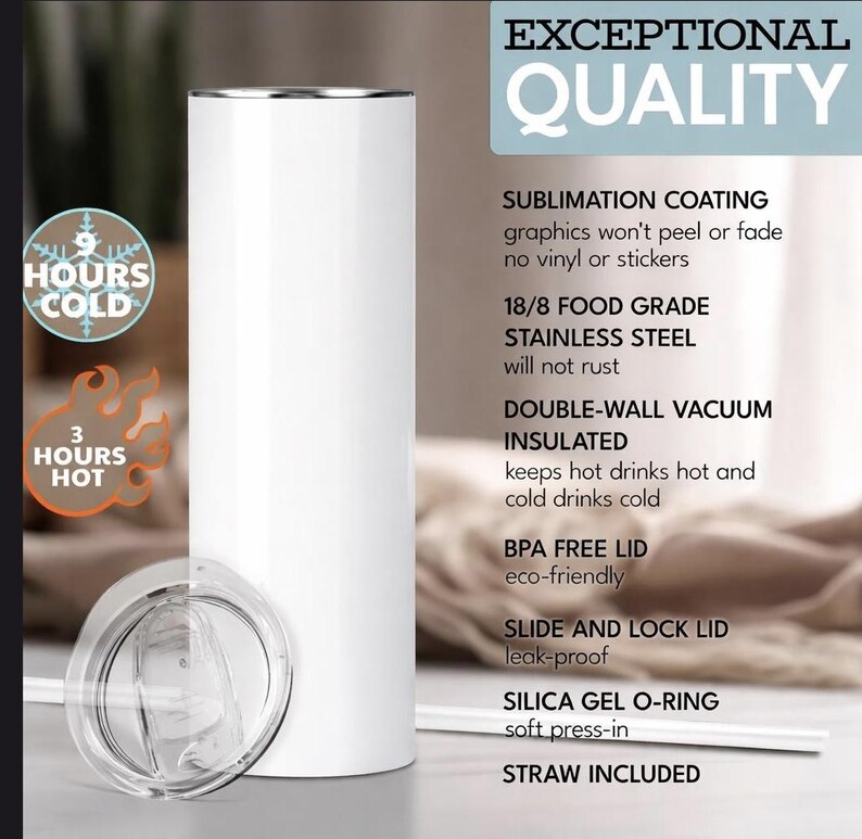 May include: A white insulated tumbler with a clear lid and straw. The tumbler is cylindrical with a silver rim. Text on the image states "Exceptional Quality" and highlights features like double-wall vacuum insulation and BPA-free lid.